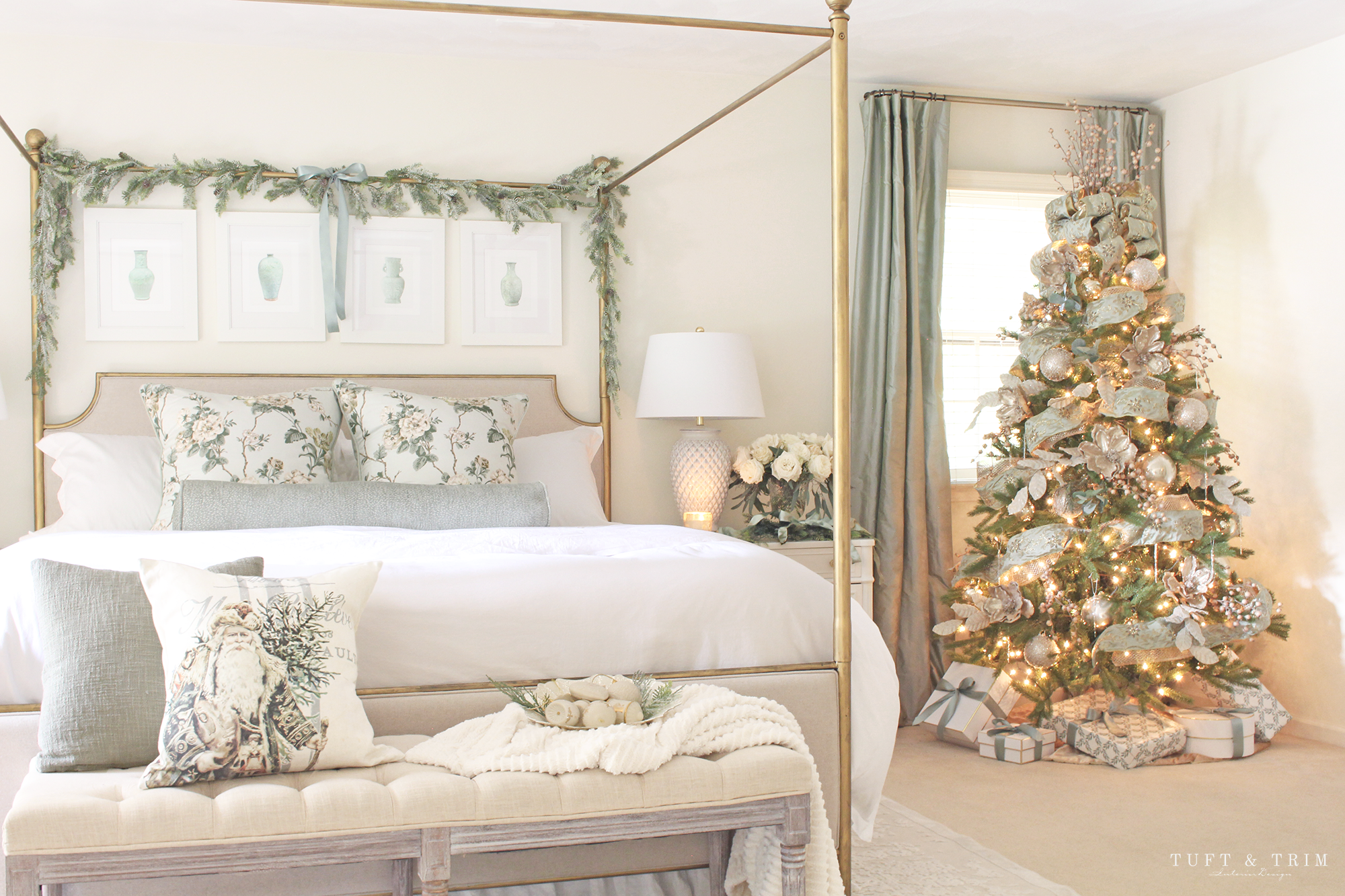 Romantic neutral Christmas bedroom with cream and white pillow covers featuring christmas pillow covers holiday