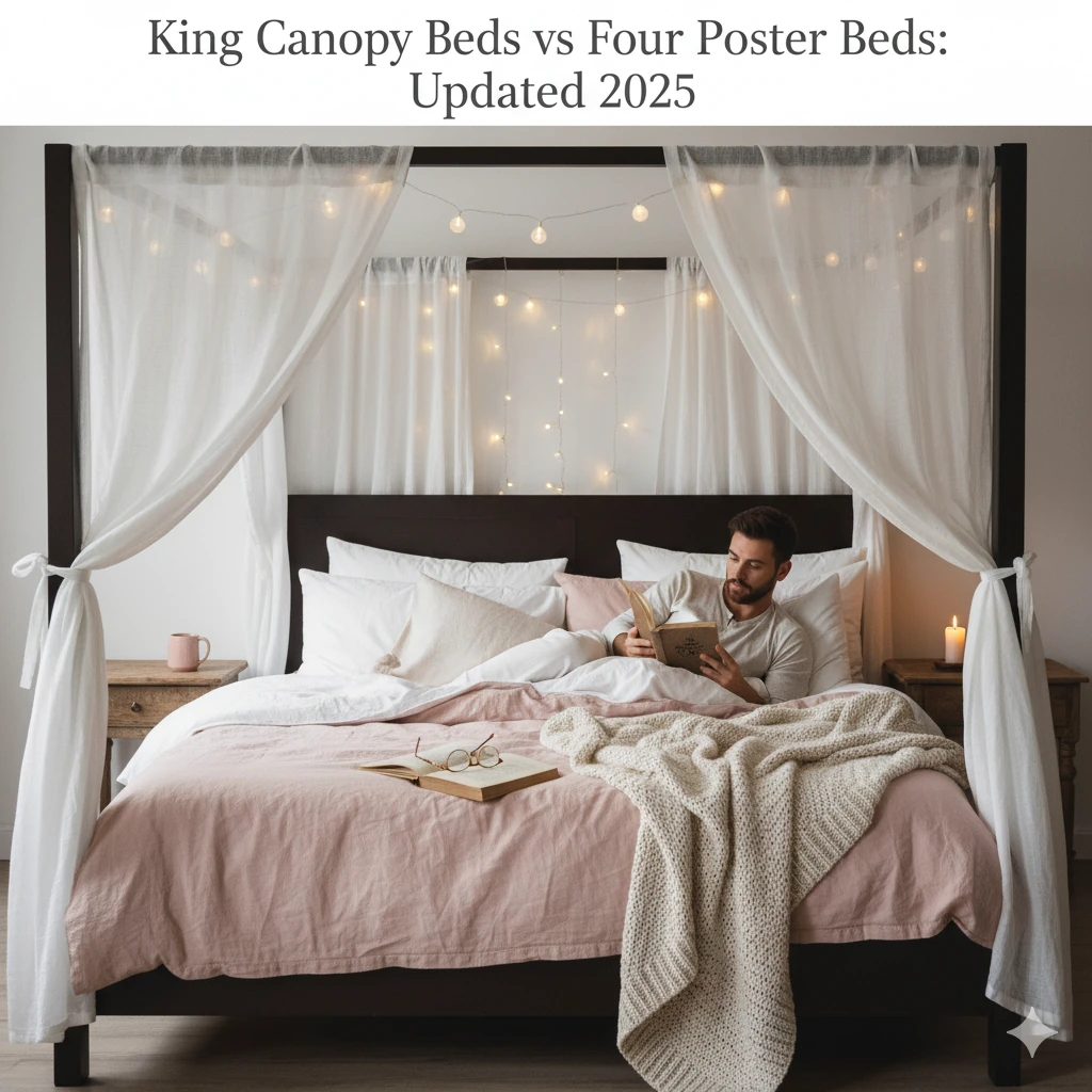 King canopy bed with dramatic velvet curtains in a luxurious bedroom