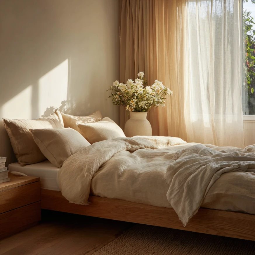 light airy bedding — small bed space tips to make a bed feel bigger