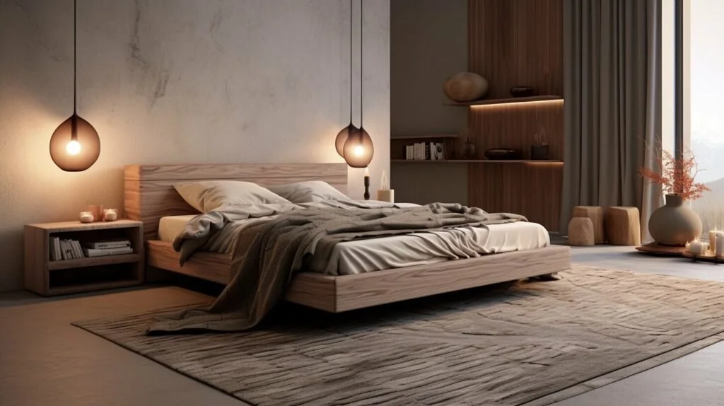 Layered sustainable rugs in a cozy bedroom—eco-conscious carpets adding warmth