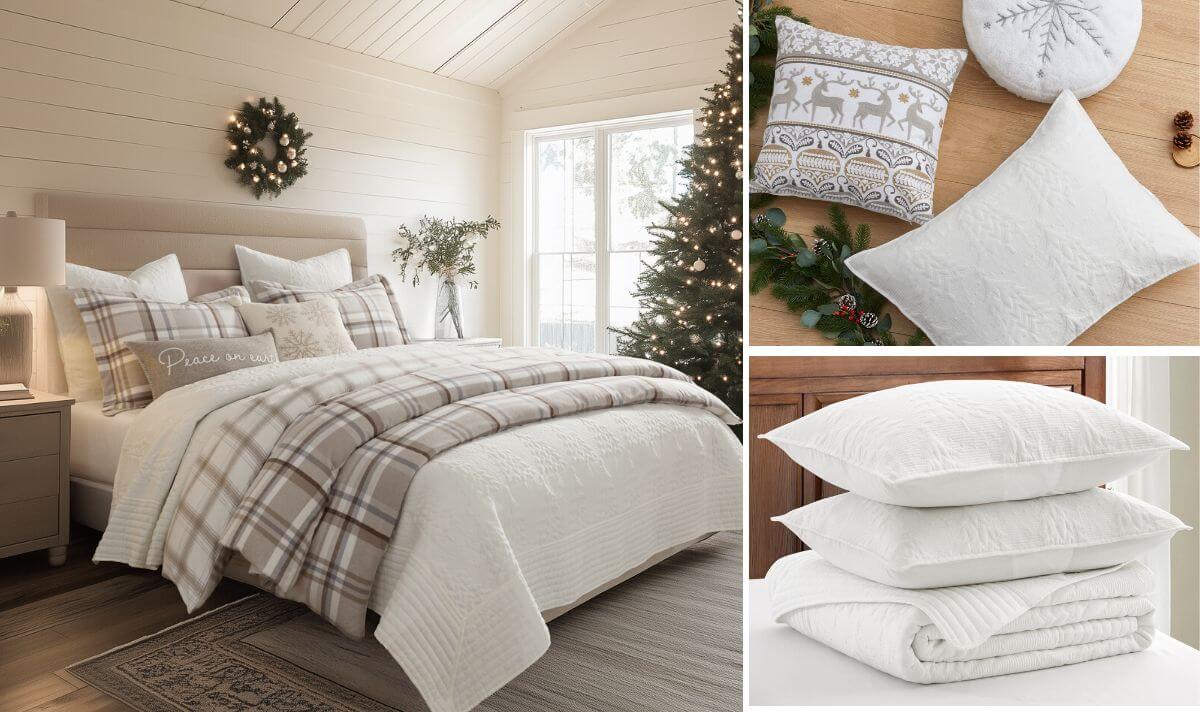 Minimalist white and beige plaid Christmas duvet cover with neutral pi featuring christmas duvet covers