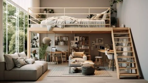 Lofted bed above a living area with tall bookshelves and ladder access