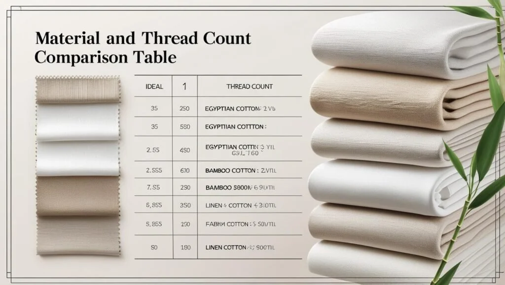 Thread count bedding ranges by fabric type including cotton, percale, sateen, and linen.
