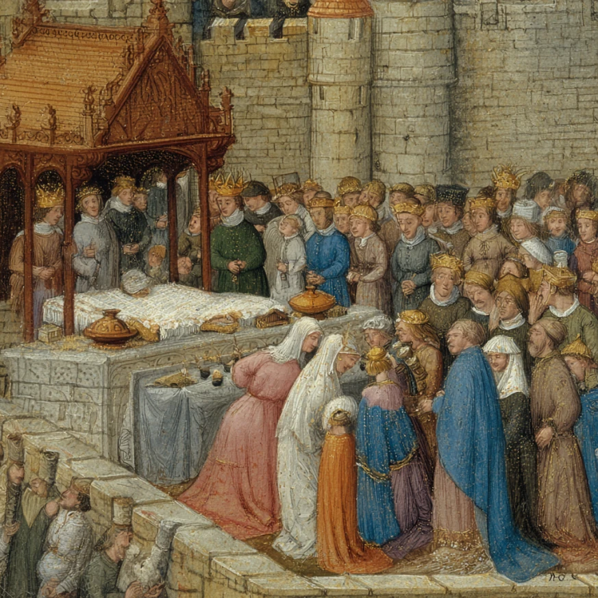 Procession escorting bride and groom during nuptial bedding ceremony