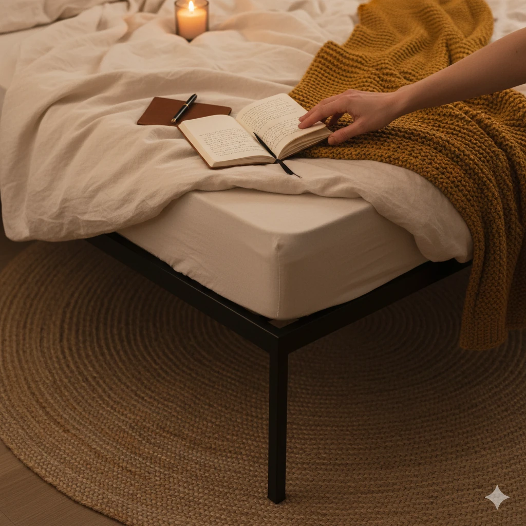 Durable frame detail showing the pros and cons of a metal bed frame in a modern bedroom