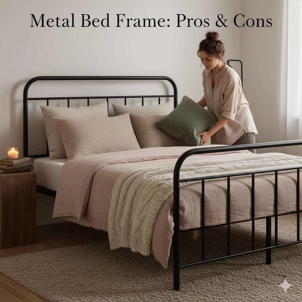 Close-up showing pros and cons of a metal bed frame with potential rust spots and finish wear