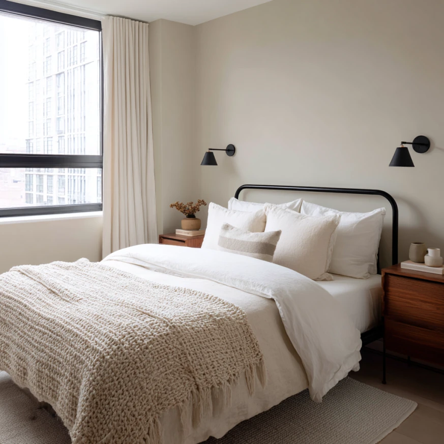 Minimal guest room showing how wide is a full size bed