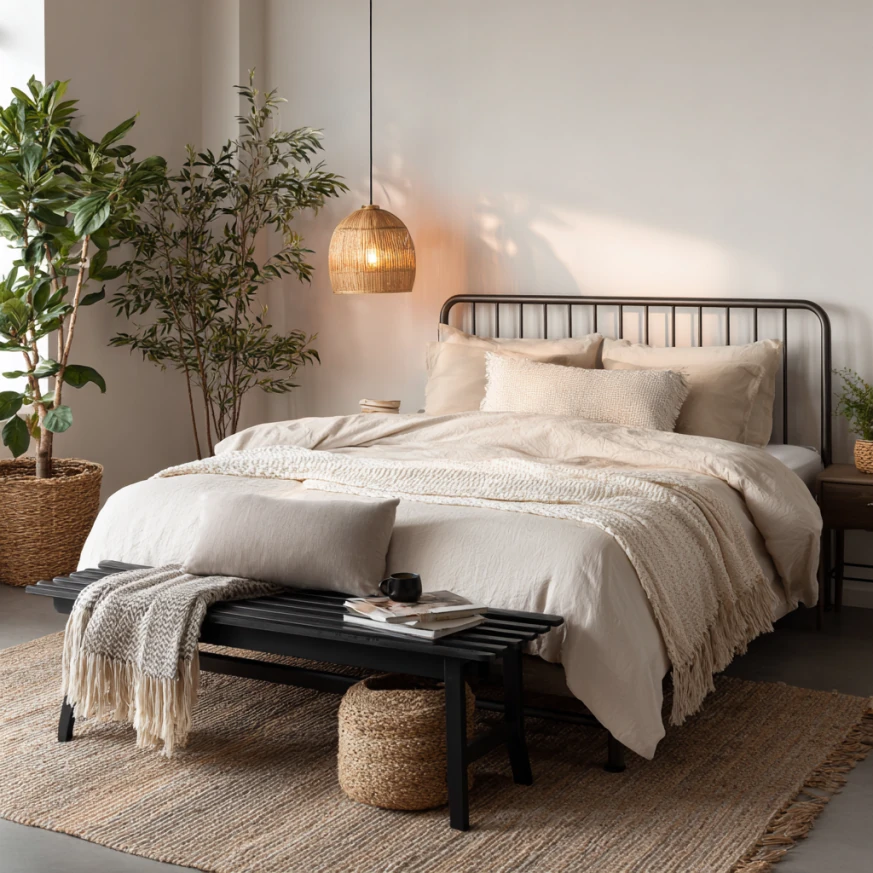 A queen-size sturdy metal bed frame in a minimalist bedroom