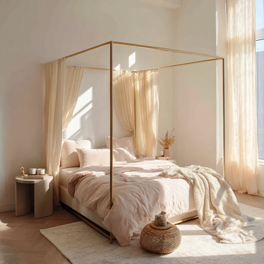 luxurious atmosphere with a gold canopy bed and sheer drapes