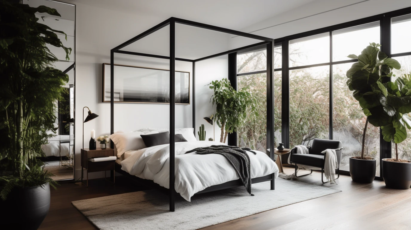 modern queen canopy bed in minimalist bedroom