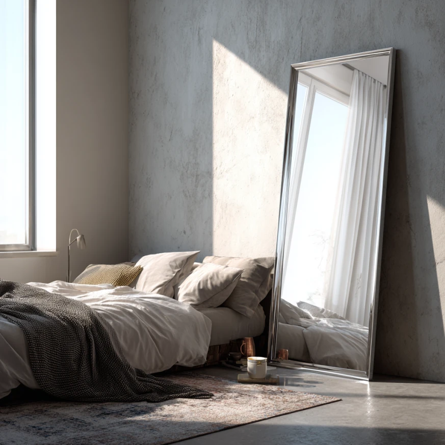creative mirror placement with statement mirror above bed