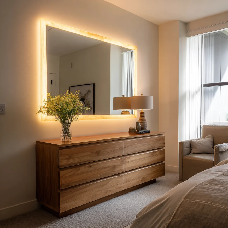 creative mirror placement reflecting sunlight near bedroom window