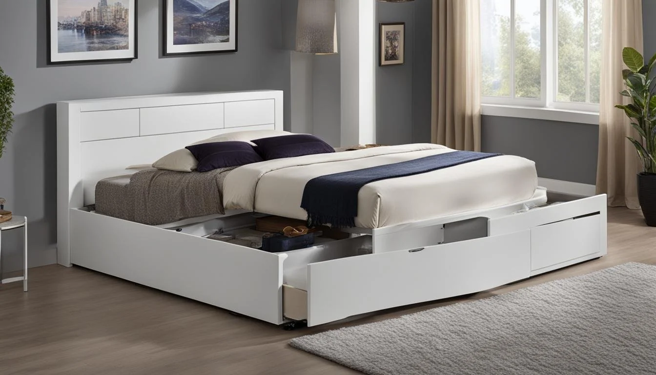 Captain’s storage bed with drawers and headboard shelves organizing a busy kids’ room