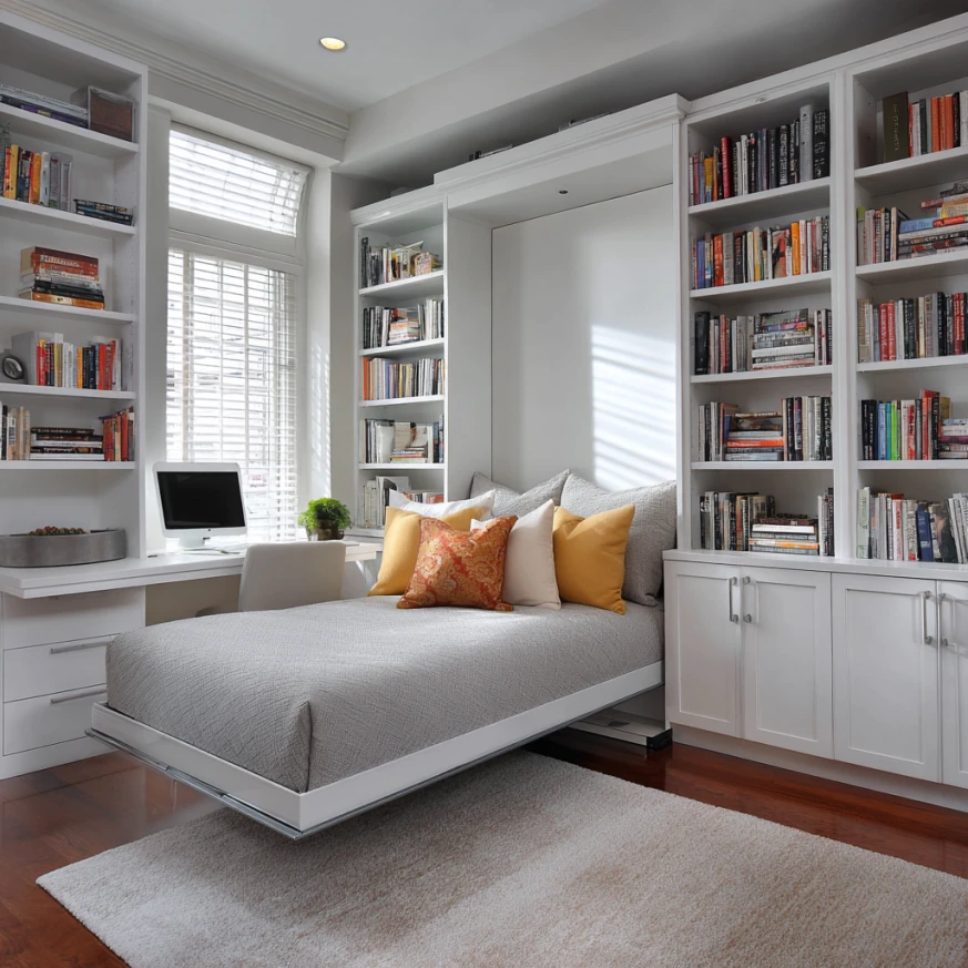 Murphy bed in multipurpose room with memory foam mattress