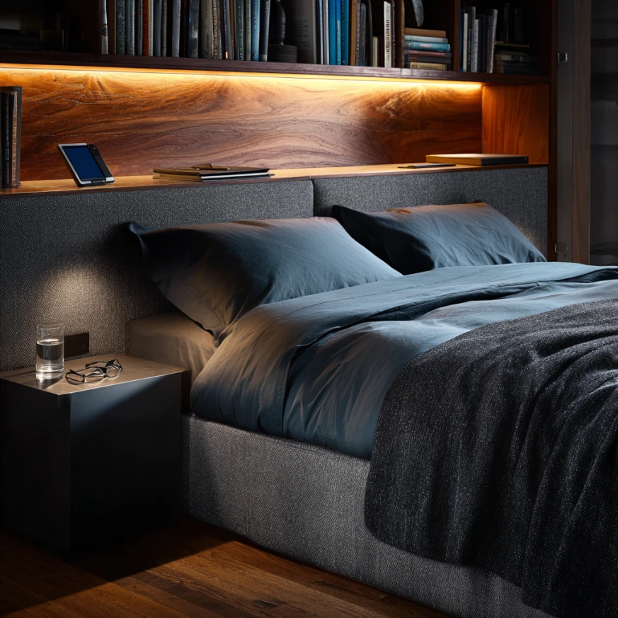 Queen size bookcase storage bed with LED lighting in the headboard