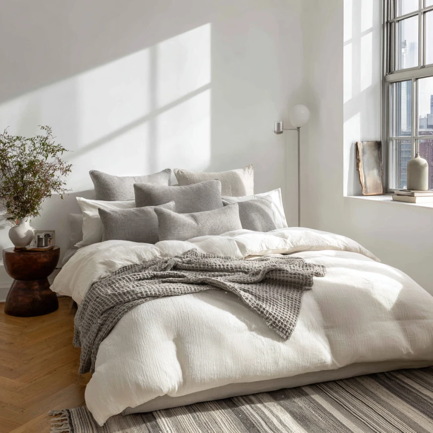 oversized pillows used sparingly — small bed space tips