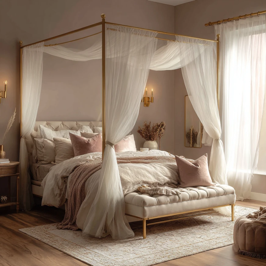 Queen canopy bed with sheer drapes and romantic lighting