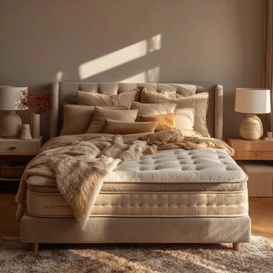 This close-up shows strong wooden slats inside a queen mattress bed frame, clearly demonstrating how a queen mattress bed frame supports foam and hybrid mattresses.