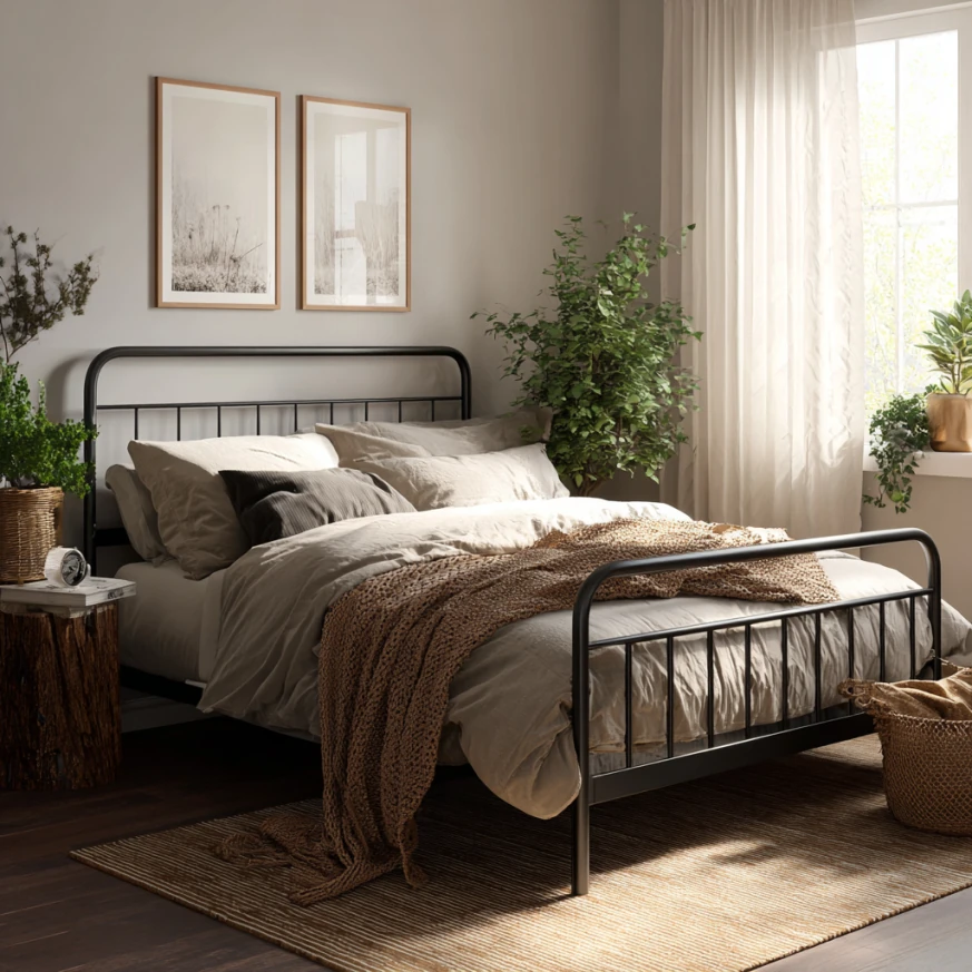 This image shows a bedroom floor plan and a queen mattress bed frame placed with ample walkways, illustrating how a queen mattress bed frame should be measured for an accurate fit.