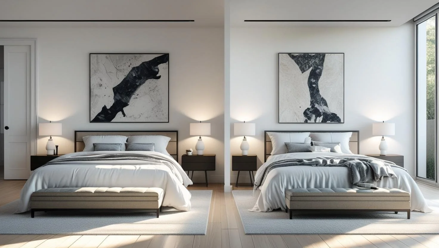 Wooden queen size bed frame with upholstered headboard