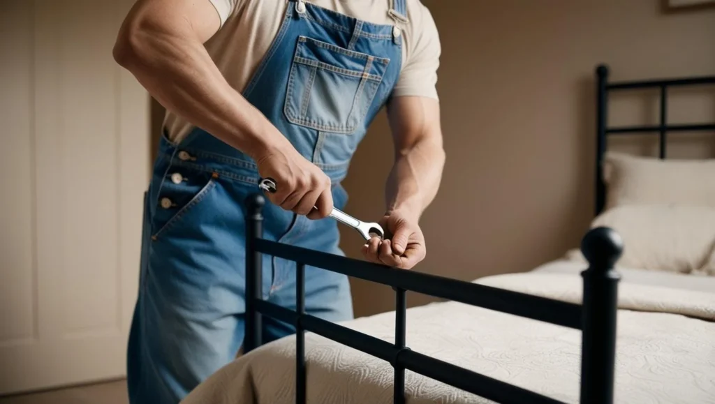 Person using a wrench to tighten the bolts on a black metal bed frame