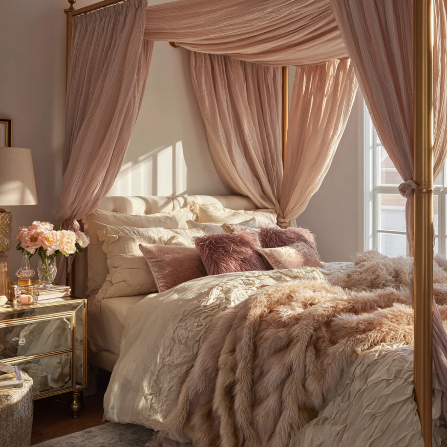 Romantic corner view of gold canopy bed the ultimate blend of romance