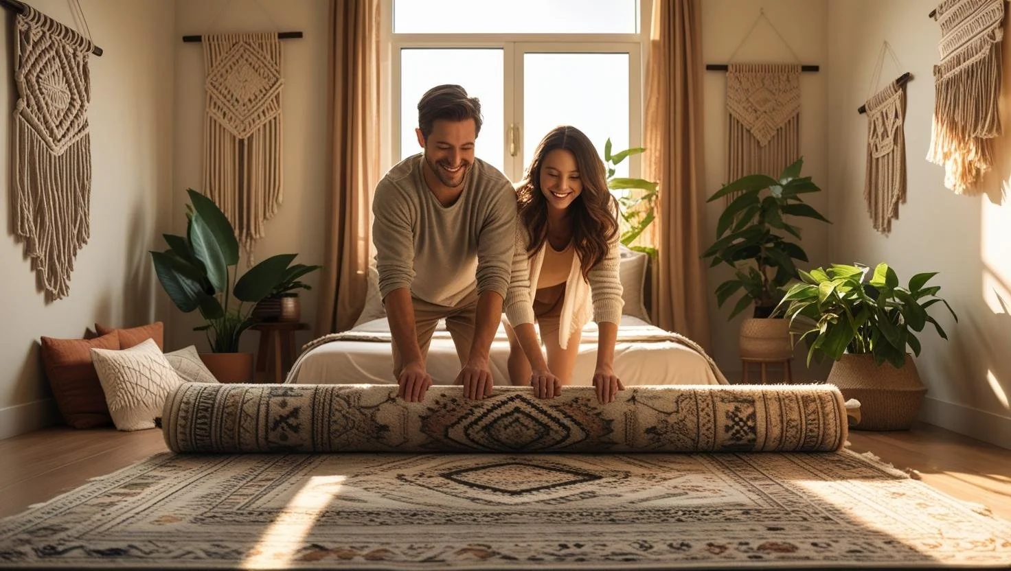 Quality rugs and carpets in modern interior—stylish sustainable carpets