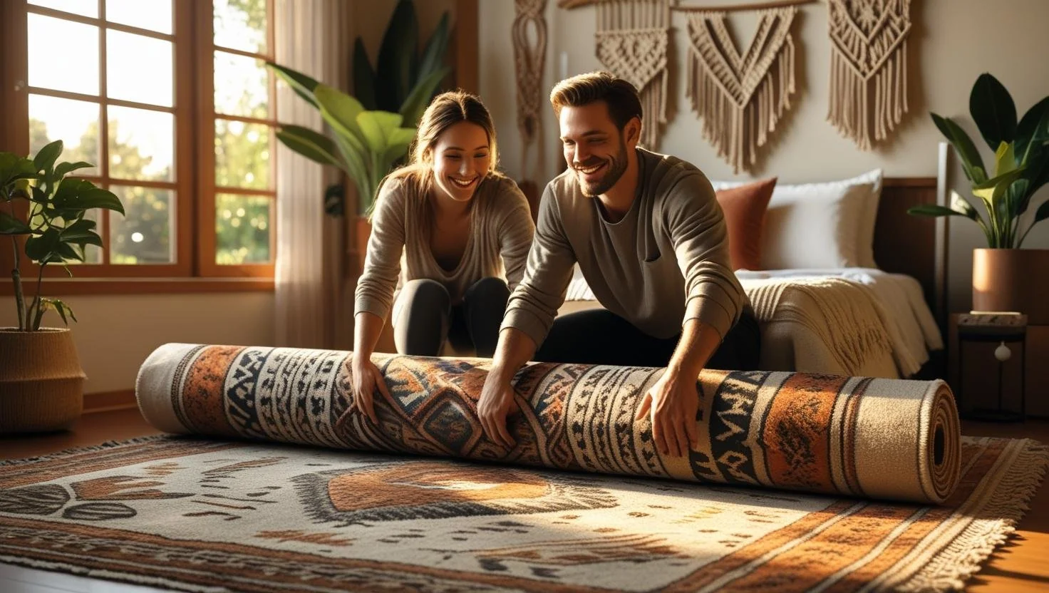 Plush cut-and-loop bedroom carpet with subtle geometric pattern for added depth