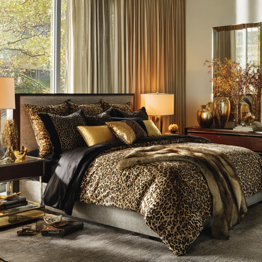 Runway-inspired glamour bedroom with layered textiles
