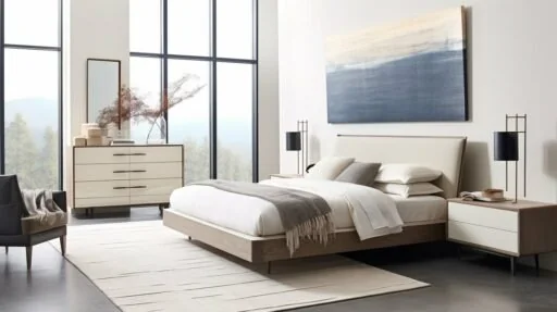 A wooden nightstand with a soft patina complements rustic bed design by echoing the frame’s natural grain.