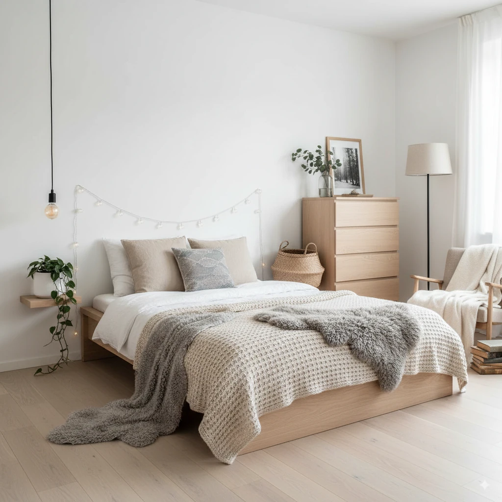 scandinavian bedroom decor ideas with light wood and hygge design - popular bedroom decor styles