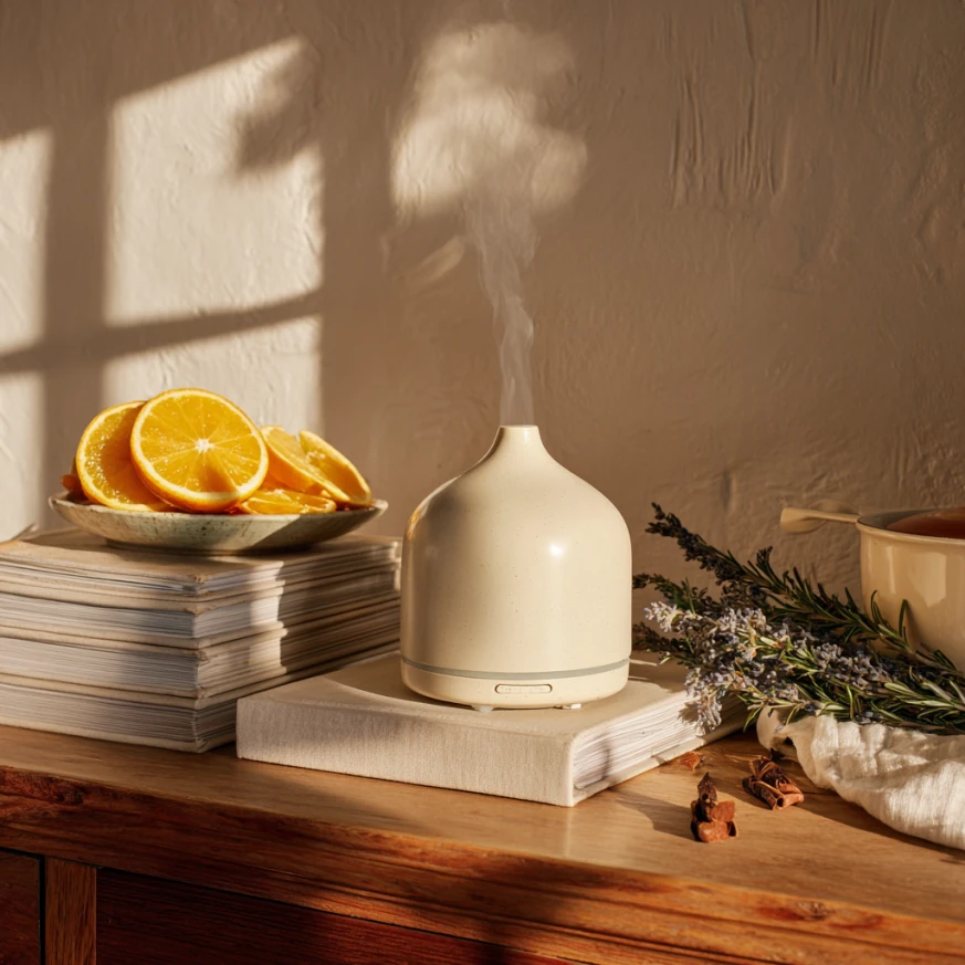 Holiday bedroom scents with candles, pine, and cinnamon