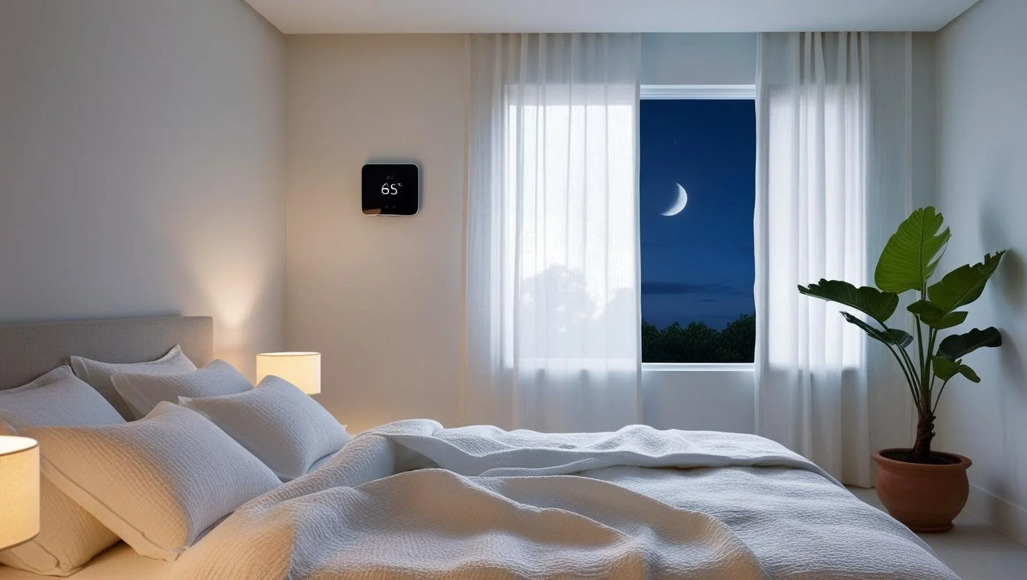 Sleep Temperature Regulation in a sunset-lit room with airflow elements