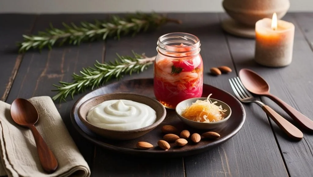 Best foods for sleep and gut health flat lay with yogurt, kimchi, and sauerkraut