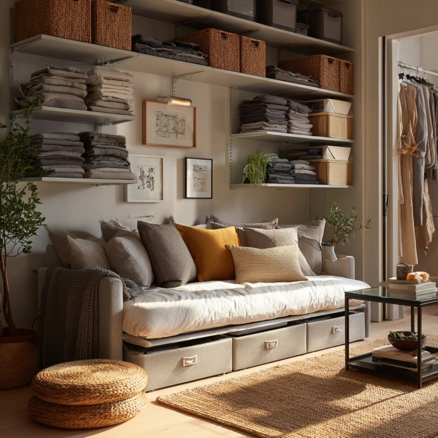 A compact studio apartment showing a sofa bed with mattress folded out, demonstrating how a sofa bed with mattress saves space while staying stylish.