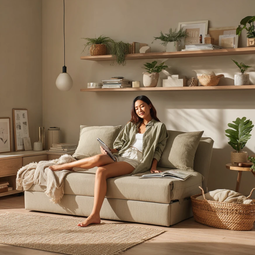 A modern living room featuring a sofa bed with mattress opened up for guests, showing how a sofa bed with mattress provides comfort and space efficiency.