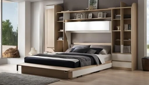 Modern murphy-style wall bed folding down between tall built-in storage cabinets