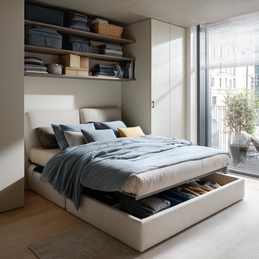 Modern storage bed with drawers in urban apartment
