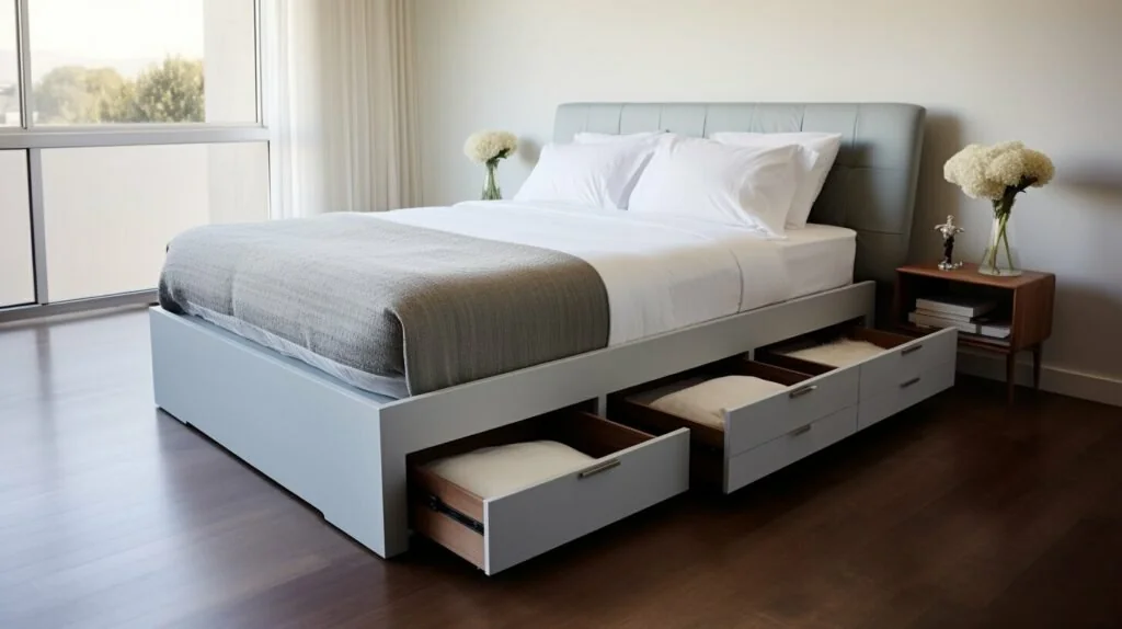 modern bedroom showcasing a wood platform with drawers – storage beds small space living