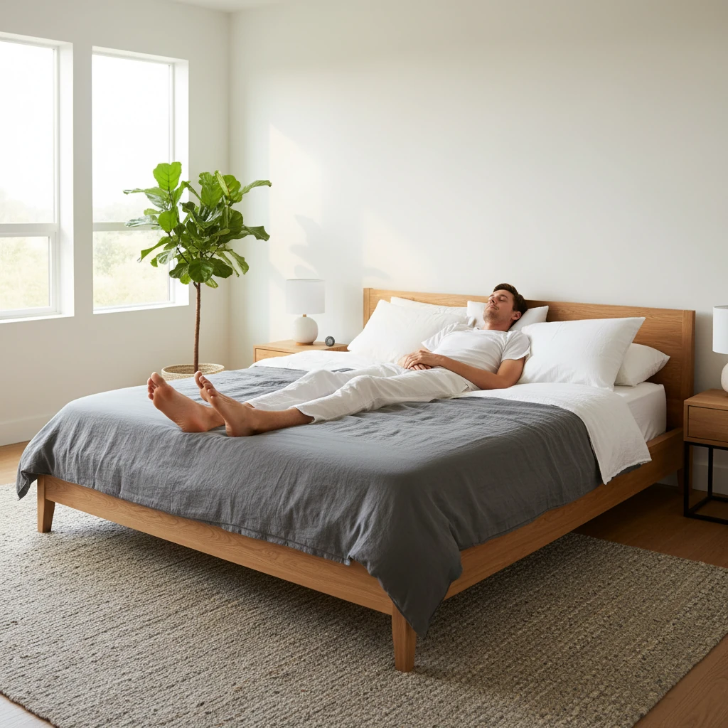Tall person sleeping stretched out comfortably on one of the best bed  featuring bed frames tall people
