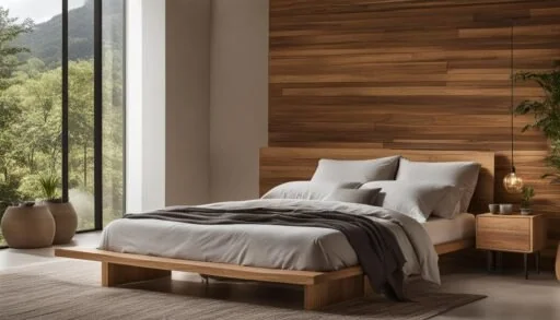 Solid walnut platform bed showing warm king size bed frame materials in a sunlit bedroom