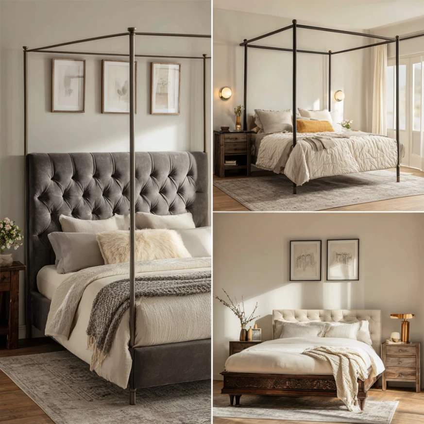 three upholstered canopy bed styles side by side