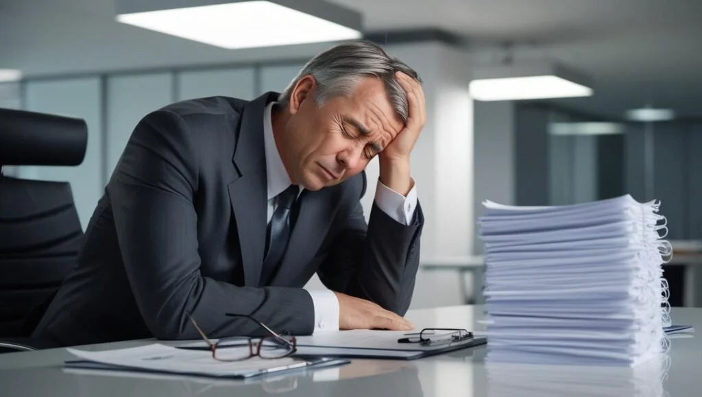 Tired man at desk showing sleep deprivation effects at work.