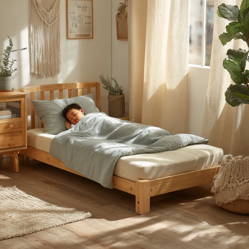 A smiling child stretches on a firm and breathable toddler bed mattress that demonstrates a snug, safe fit—clearly showing the exact focus keyword toddler bed mattress.