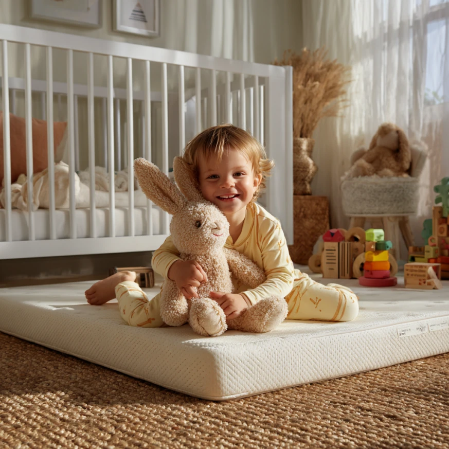 A protector-clad toddler bed mattress airs out near a window, emphasizing freshness and safety—again using the exact focus keyword toddler bed mattress.