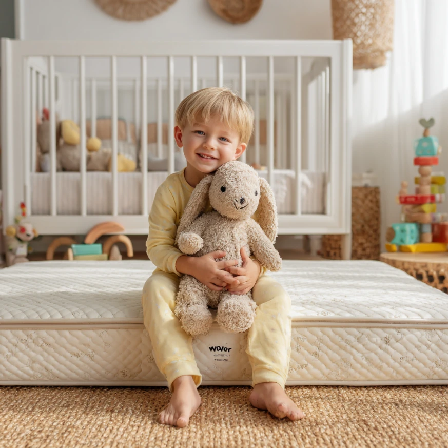 A minimalist bedroom displays a breathable foam toddler bed mattress with a waterproof protector—clearly using the exact focus keyword toddler bed mattress.