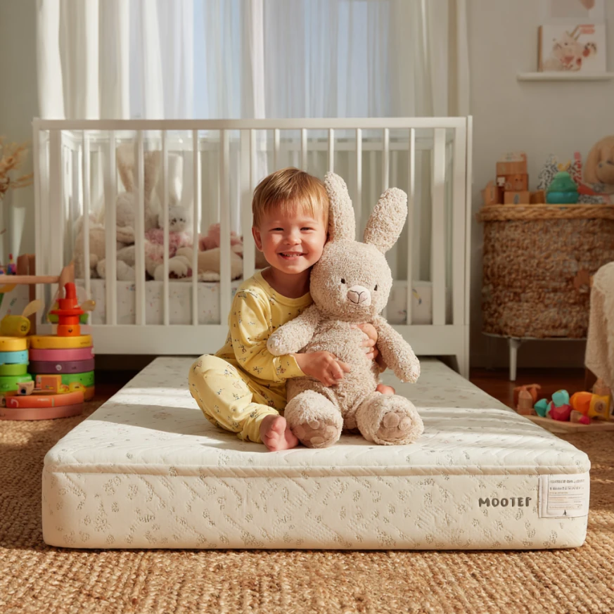 This image shows a non-toxic, firm, and breathable toddler bed mattress in a bright nursery—clearly illustrating the exact focus keyword toddler bed mattress.