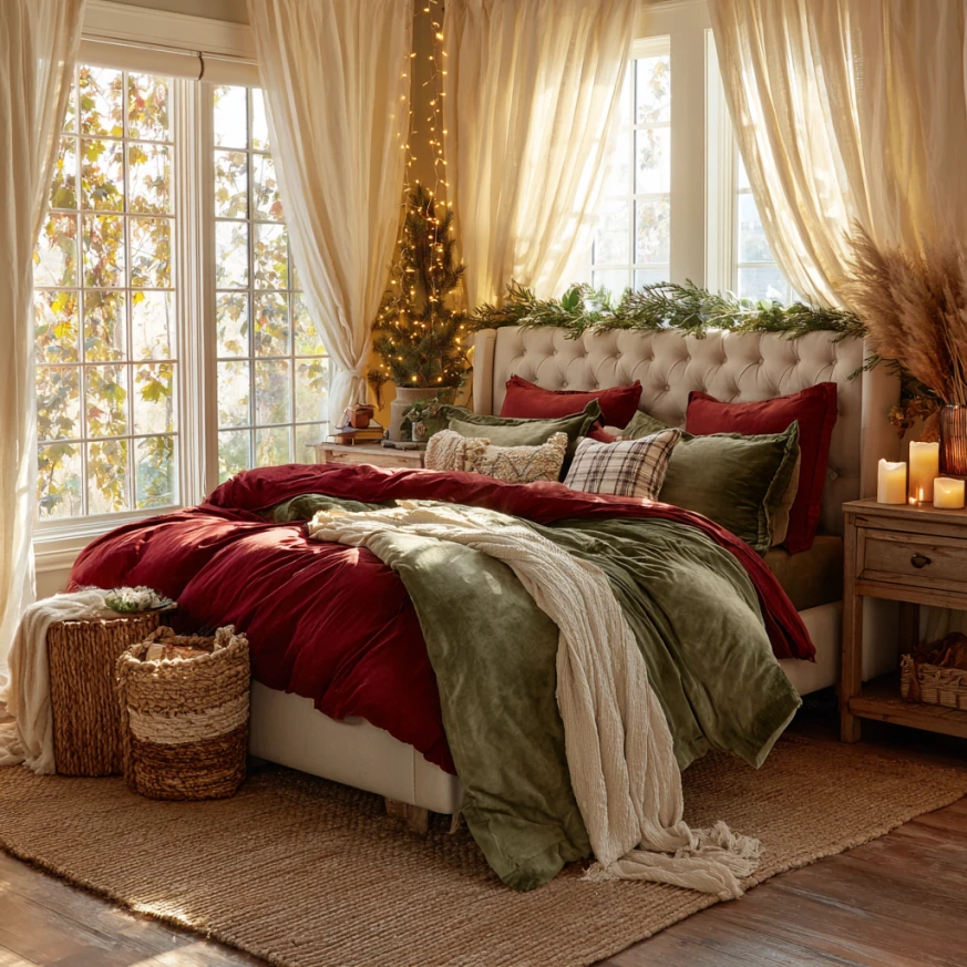Festive holiday bedroom color palette with cozy bedding and decor