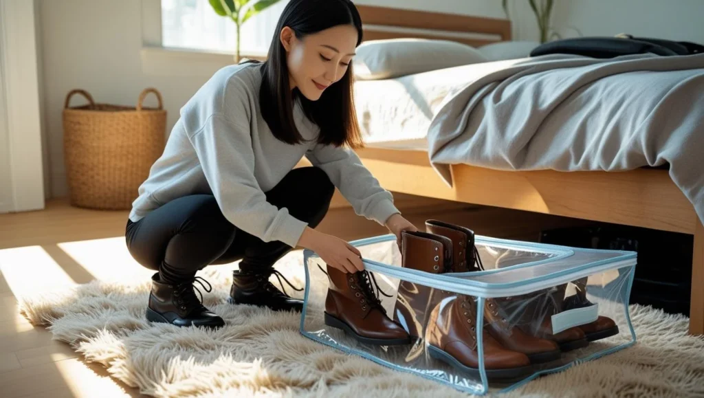 Clear zippered storage box holding boots being tucked beneath a low bed frame