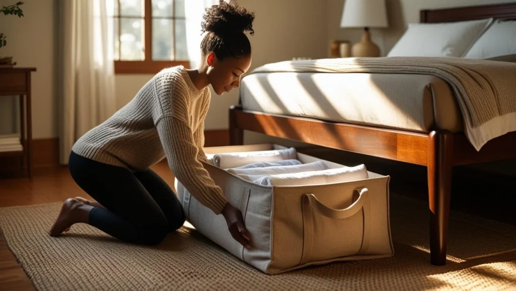 Fabric storage bag sliding into the gap created by bed risers for storage